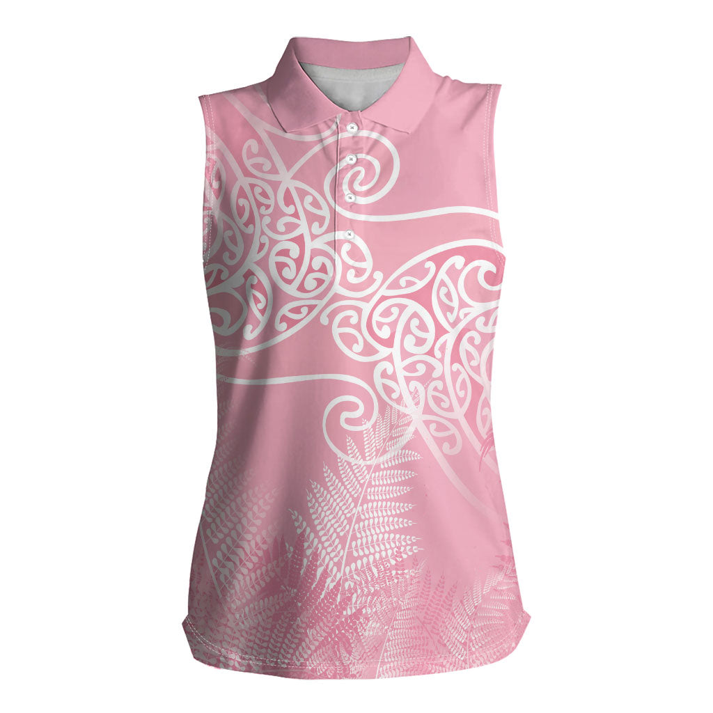 Aotearoa Maori Koru Curves Women Sleeveless Polo Shirt Silver Ferns - Rose Pink LT7 Female Pink - Polynesian Pride