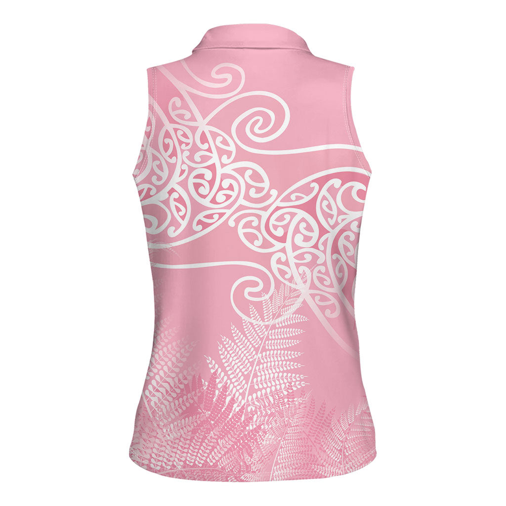 Aotearoa Maori Koru Curves Women Sleeveless Polo Shirt Silver Ferns - Rose Pink LT7 - Polynesian Pride