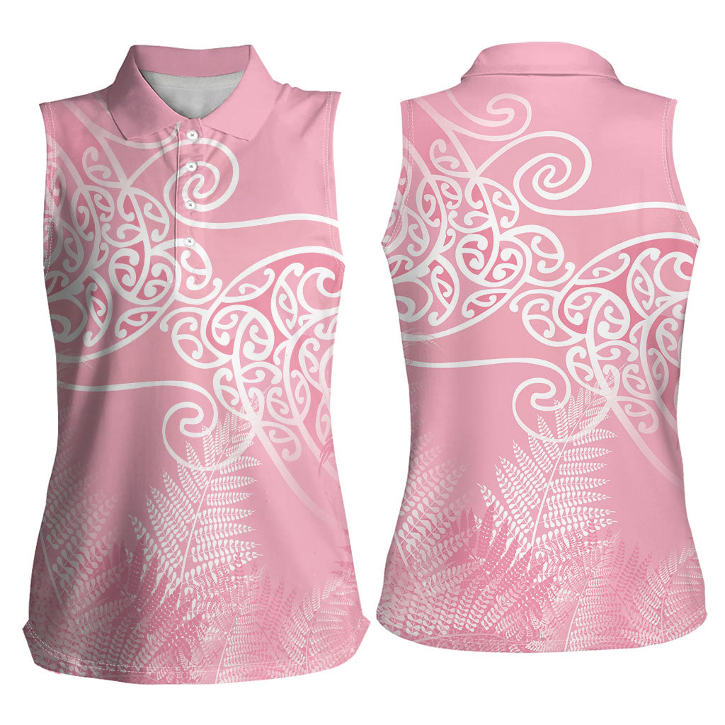 Aotearoa Maori Koru Curves Women Sleeveless Polo Shirt Silver Ferns - Rose Pink LT7 - Polynesian Pride