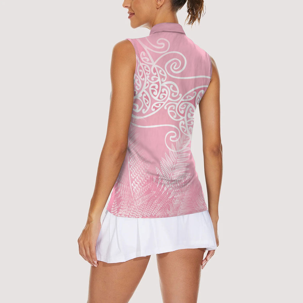 Aotearoa Maori Koru Curves Women Sleeveless Polo Shirt Silver Ferns - Rose Pink LT7 - Polynesian Pride