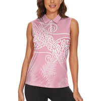 Aotearoa Maori Koru Curves Women Sleeveless Polo Shirt Silver Ferns - Rose Pink LT7 - Polynesian Pride