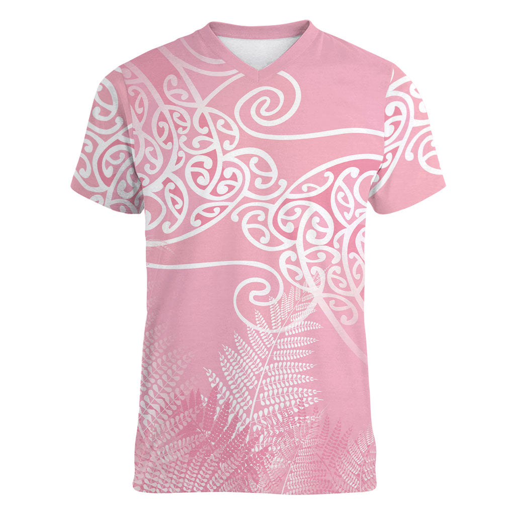 Aotearoa Maori Koru Curves Women V-Neck T-Shirt Silver Ferns - Rose Pink