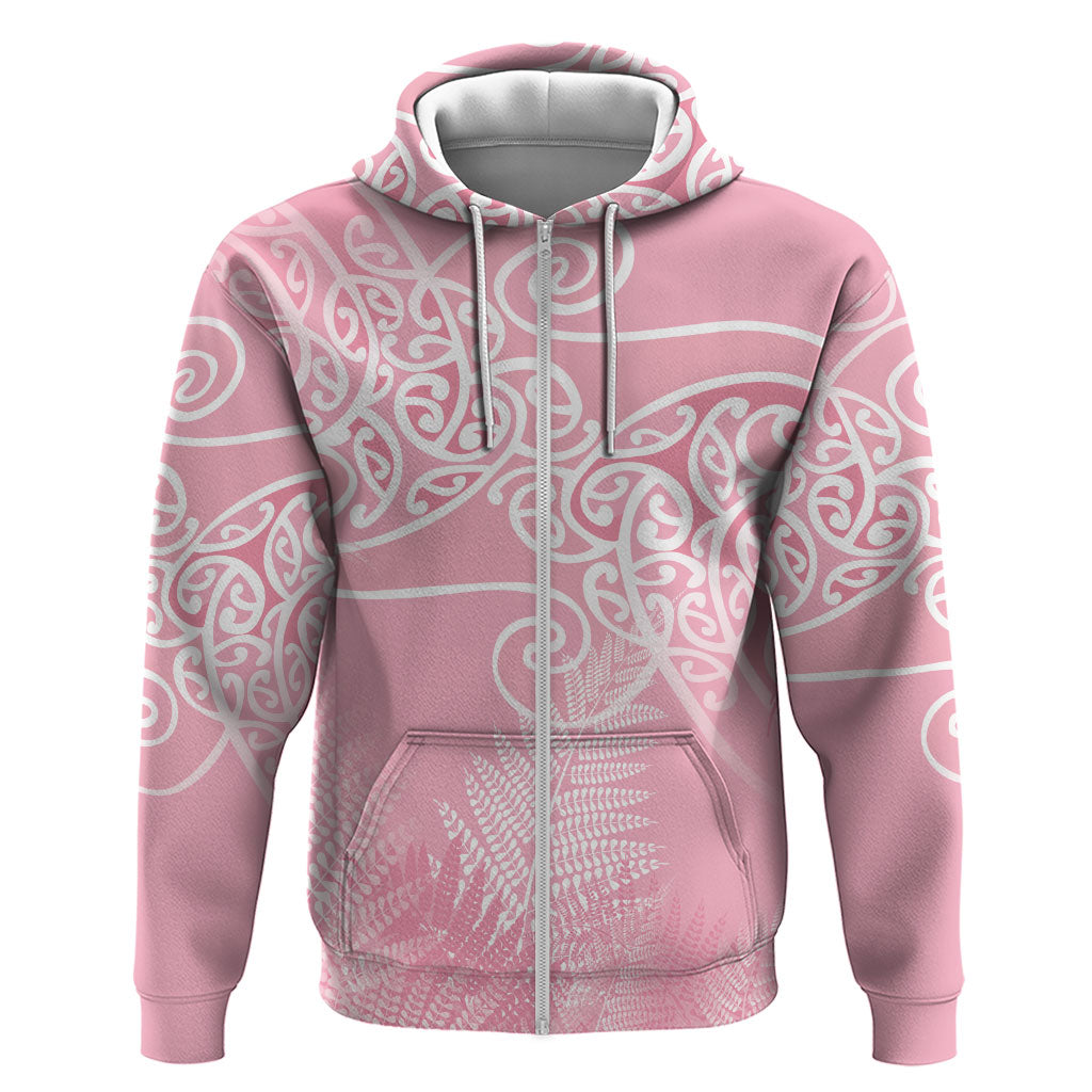 Aotearoa Maori Koru Curves Zip Hoodie Silver Ferns - Rose Pink