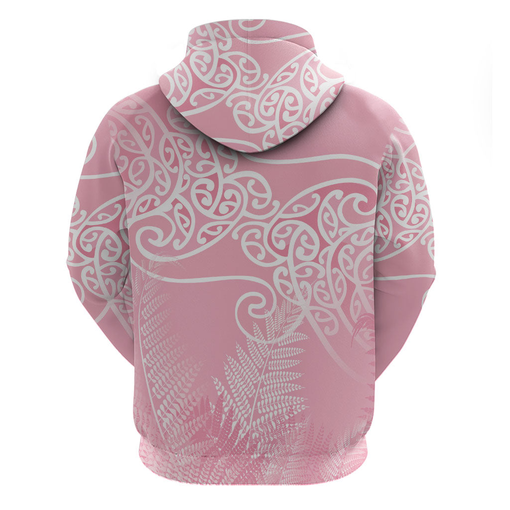 Aotearoa Maori Koru Curves Zip Hoodie Silver Ferns - Rose Pink