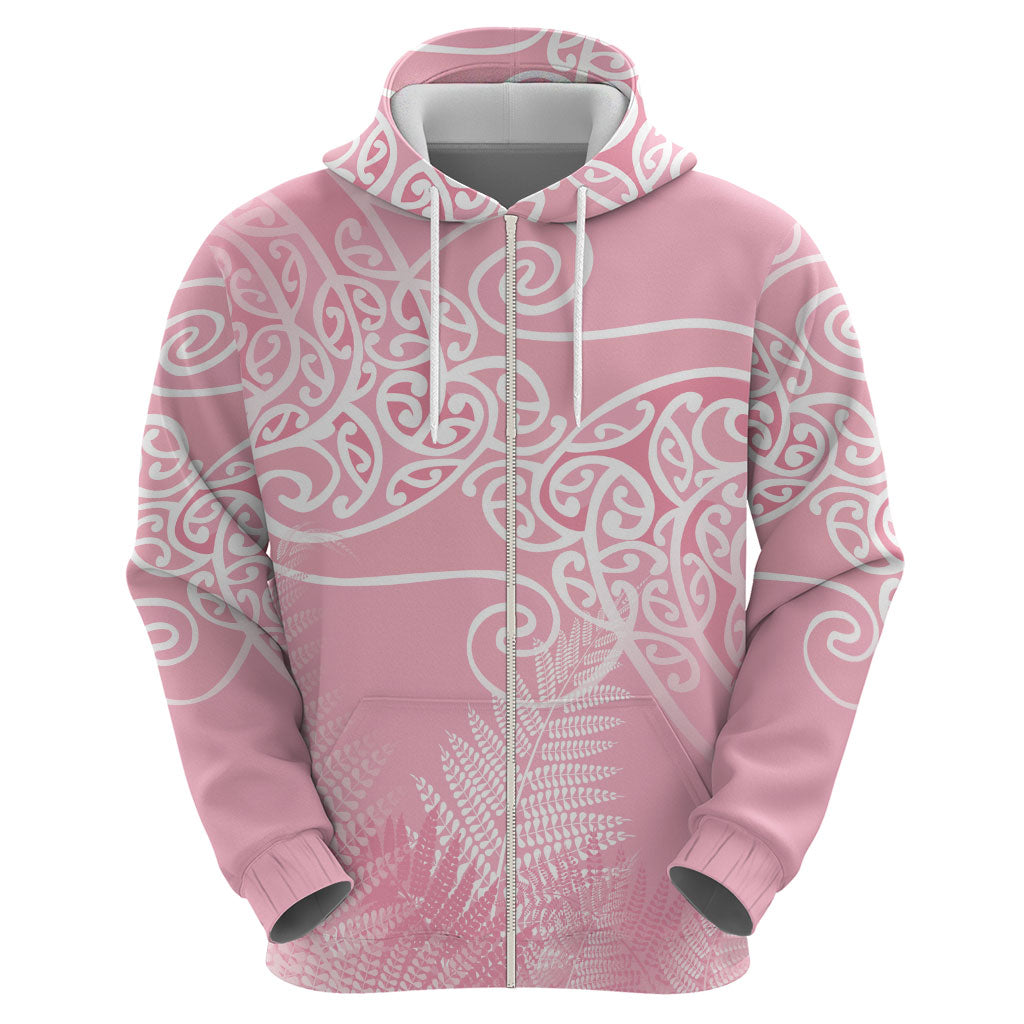 Aotearoa Maori Koru Curves Zip Hoodie Silver Ferns - Rose Pink
