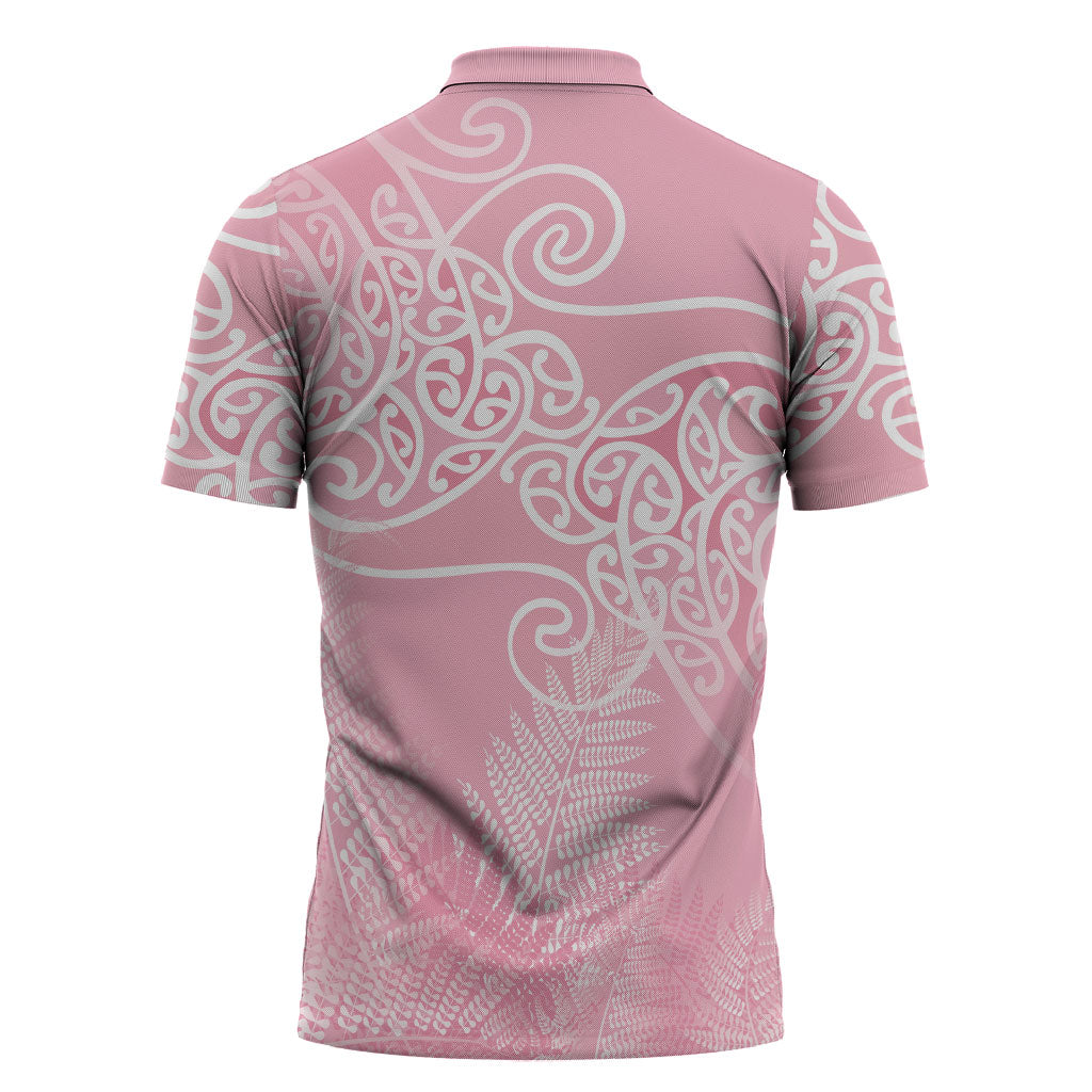 Aotearoa Maori Koru Curves Zipper Polo Shirt Silver Ferns - Rose Pink