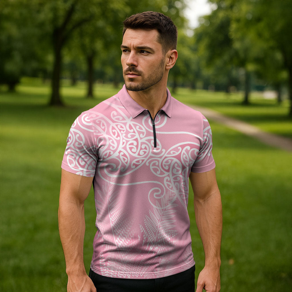 Aotearoa Maori Koru Curves Zipper Polo Shirt Silver Ferns - Rose Pink