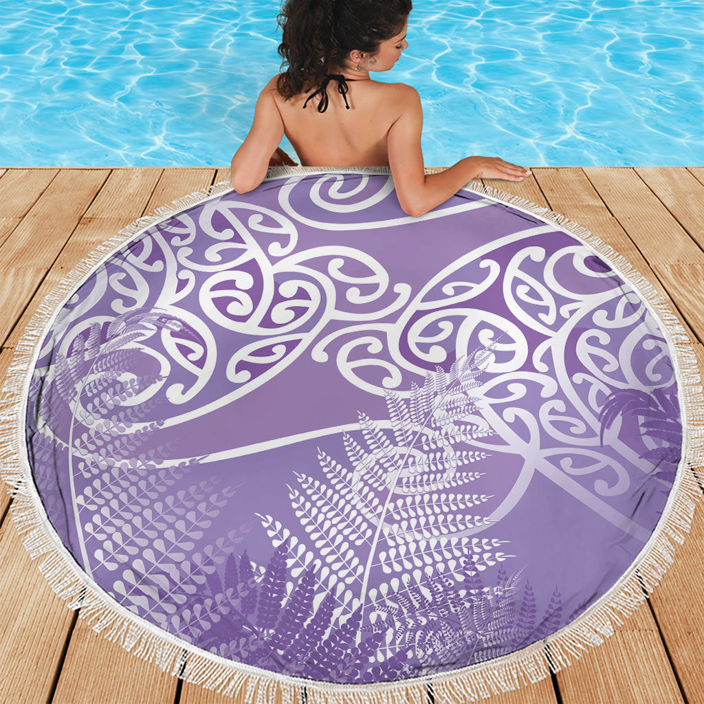 Aotearoa Maori Koru Curves Beach Blanket Silver Ferns - Amethyst