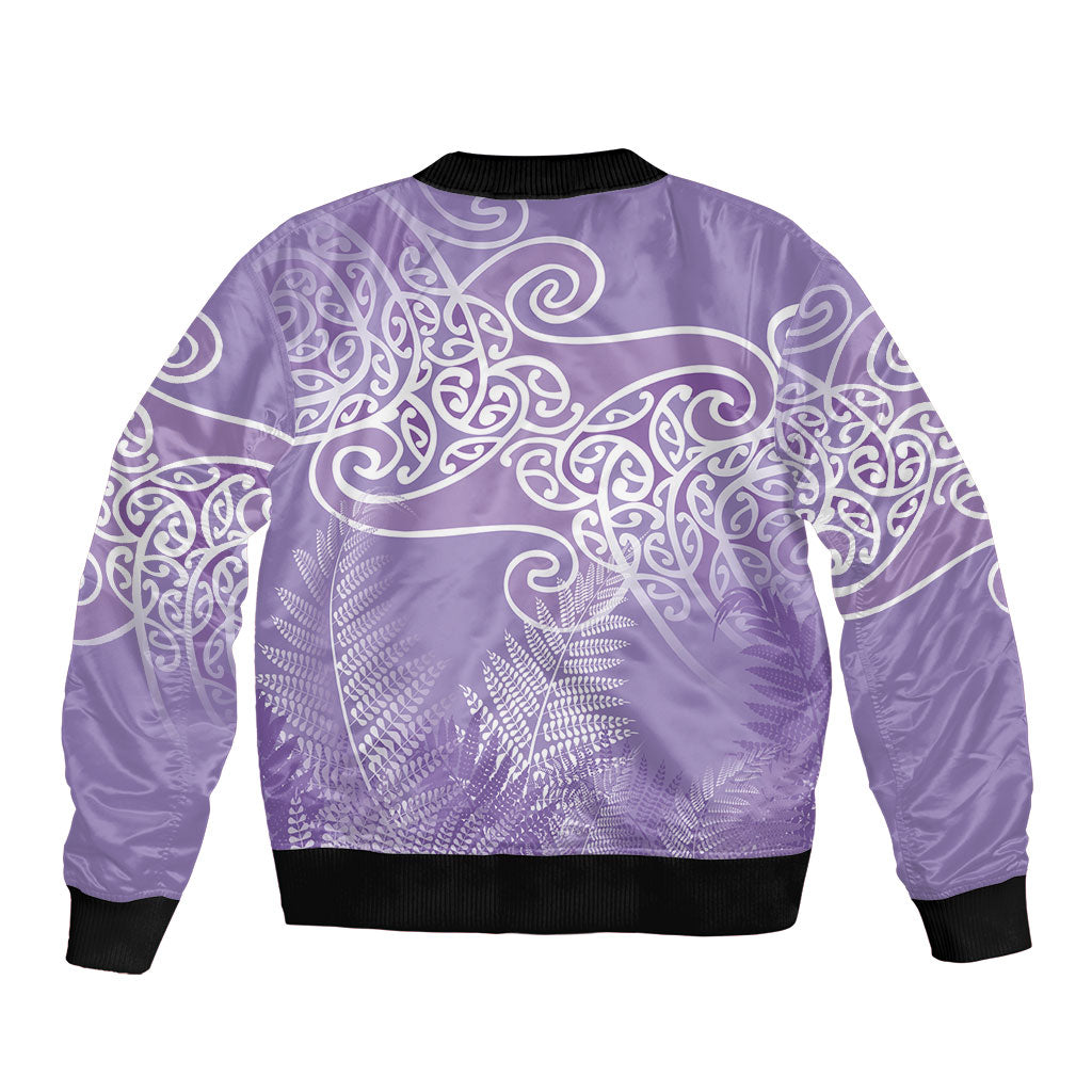 Aotearoa Maori Koru Curves Bomber Jacket Silver Ferns - Amethyst