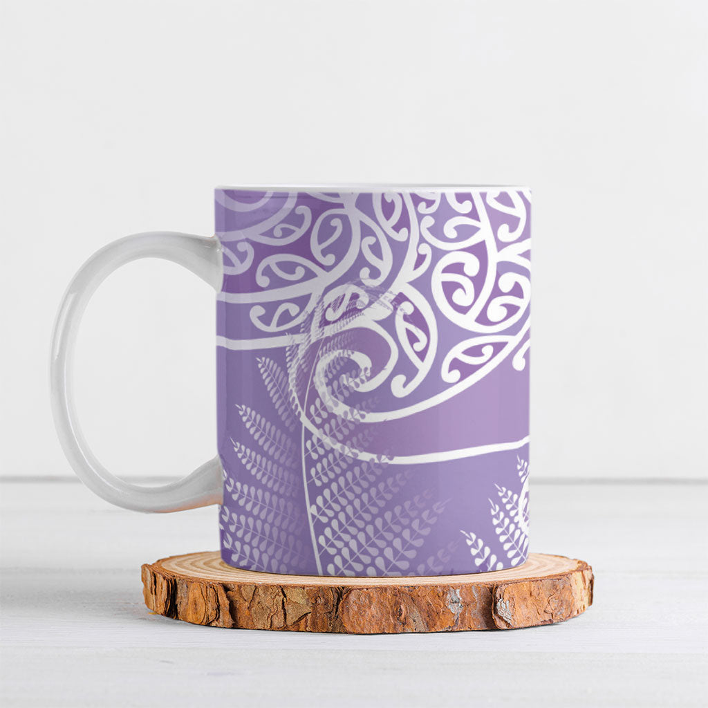 Aotearoa Maori Koru Curves Ceramic Mug Silver Ferns - Amethyst