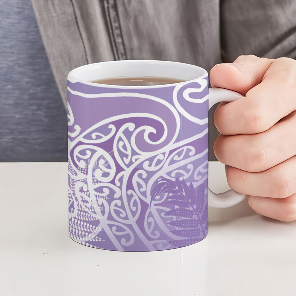 Aotearoa Maori Koru Curves Ceramic Mug Silver Ferns - Amethyst