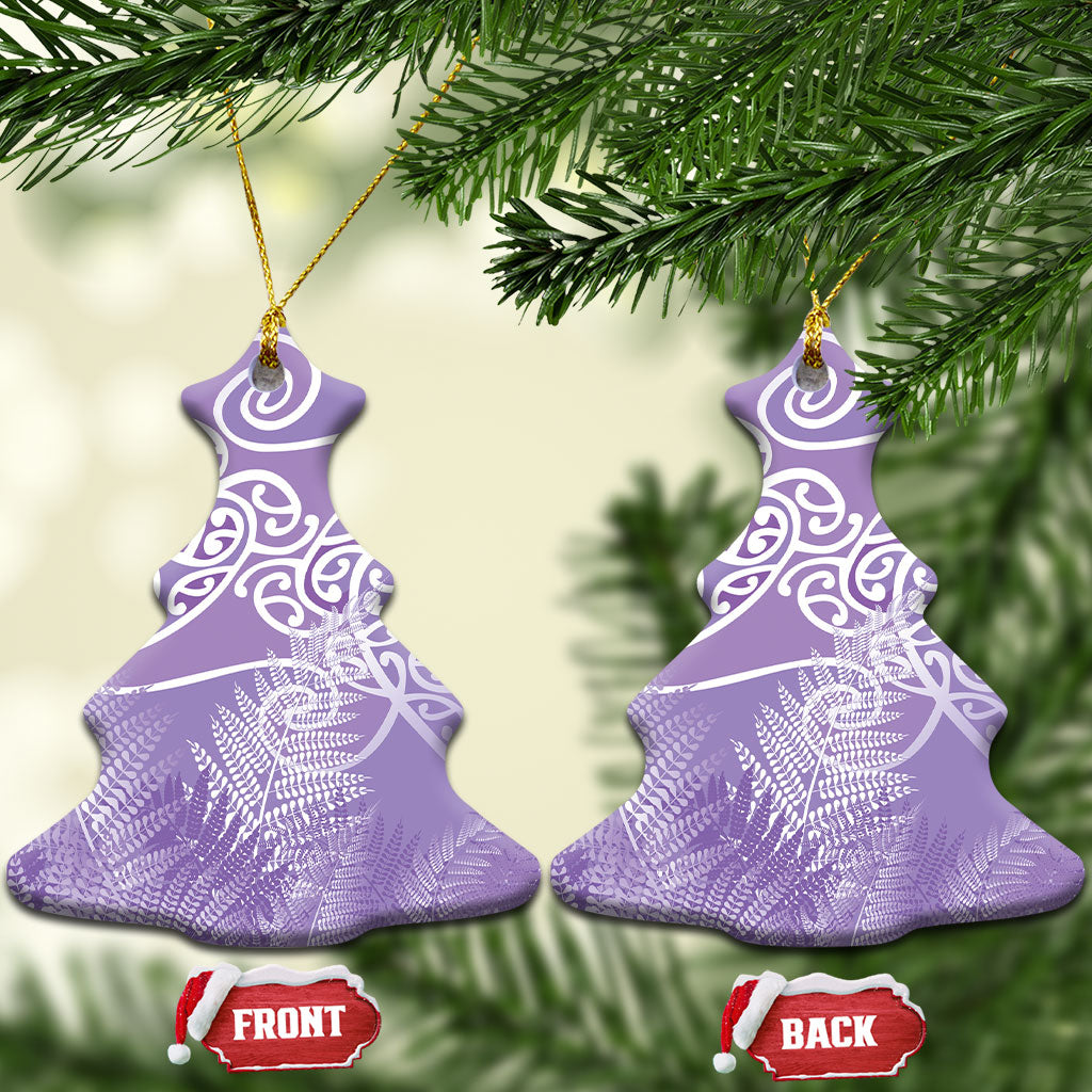 Aotearoa Maori Koru Curves Ceramic Ornament Silver Ferns - Amethyst LT7 Christmas Tree Purple - Polynesian Pride