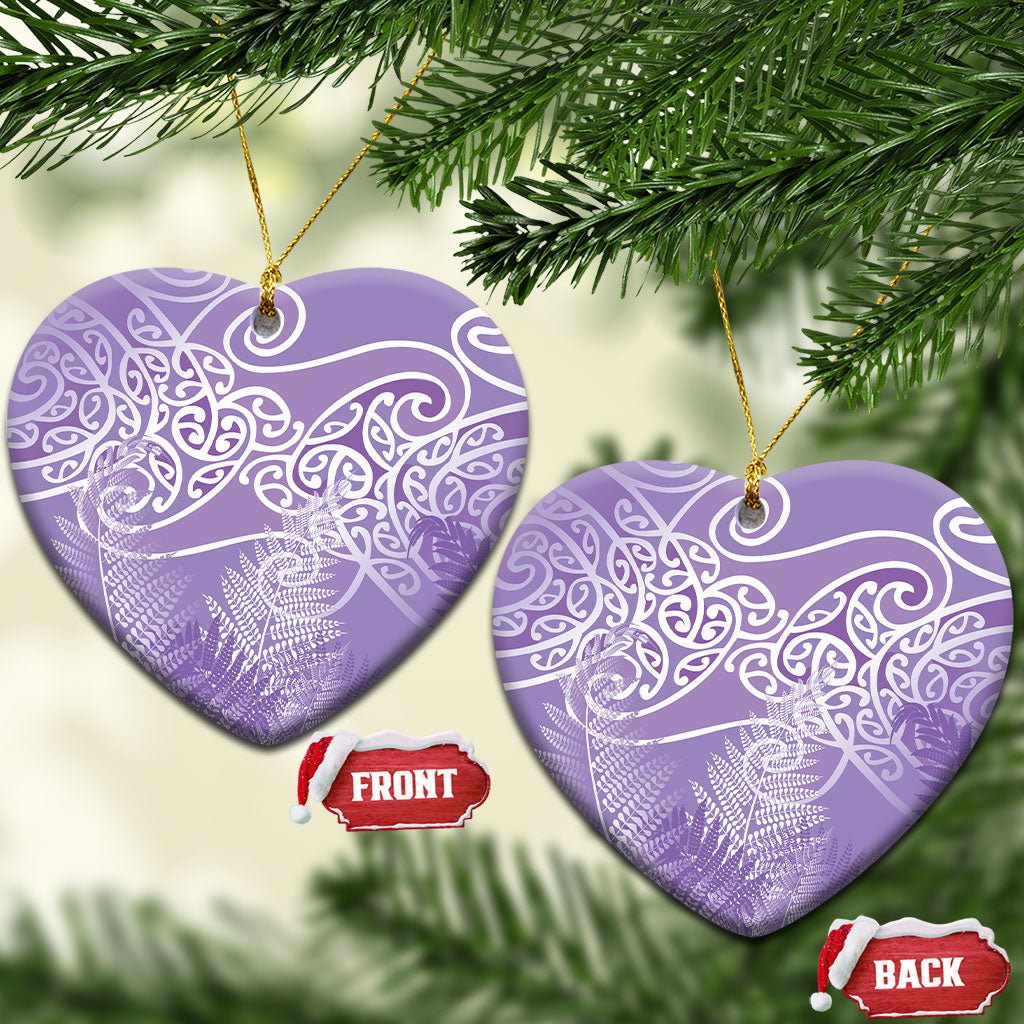 Aotearoa Maori Koru Curves Ceramic Ornament Silver Ferns - Amethyst LT7 Heart Purple - Polynesian Pride
