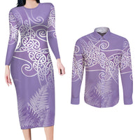 Aotearoa Maori Koru Curves Couples Matching Long Sleeve Bodycon Dress and Long Sleeve Button Shirt Silver Ferns - Amethyst