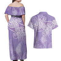 Aotearoa Maori Koru Curves Couples Matching Off Shoulder Maxi Dress and Hawaiian Shirt Silver Ferns - Amethyst
