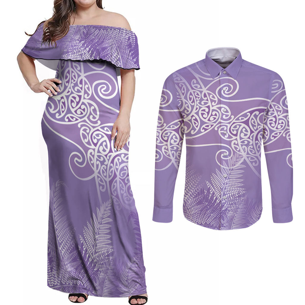 Aotearoa Maori Koru Curves Couples Matching Off Shoulder Maxi Dress and Long Sleeve Button Shirt Silver Ferns - Amethyst LT7 Purple - Polynesian Pride