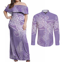 Aotearoa Maori Koru Curves Couples Matching Off Shoulder Maxi Dress and Long Sleeve Button Shirt Silver Ferns - Amethyst LT7 Purple - Polynesian Pride