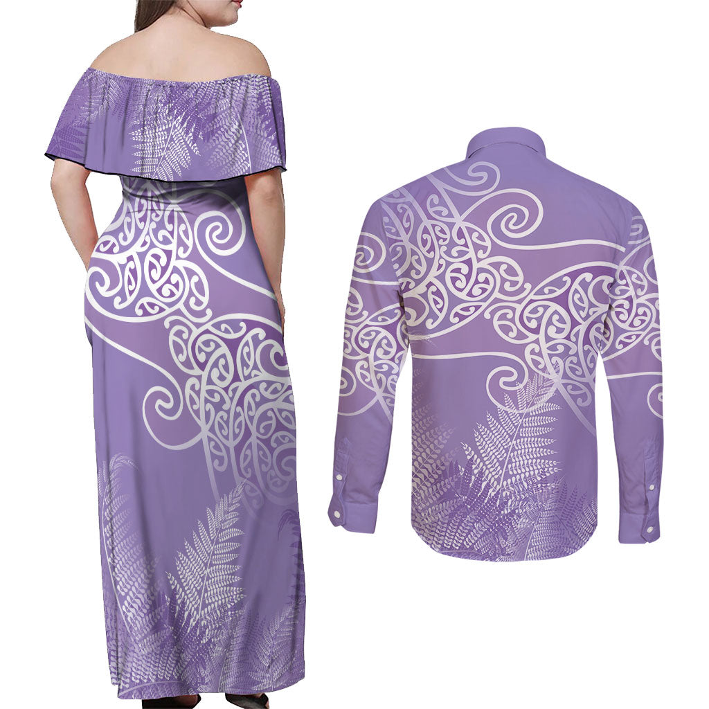 Aotearoa Maori Koru Curves Couples Matching Off Shoulder Maxi Dress and Long Sleeve Button Shirt Silver Ferns - Amethyst LT7 - Polynesian Pride
