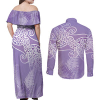 Aotearoa Maori Koru Curves Couples Matching Off Shoulder Maxi Dress and Long Sleeve Button Shirt Silver Ferns - Amethyst LT7 - Polynesian Pride
