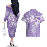 Aotearoa Maori Koru Curves Couples Matching Off The Shoulder Long Sleeve Dress and Hawaiian Shirt Silver Ferns - Amethyst