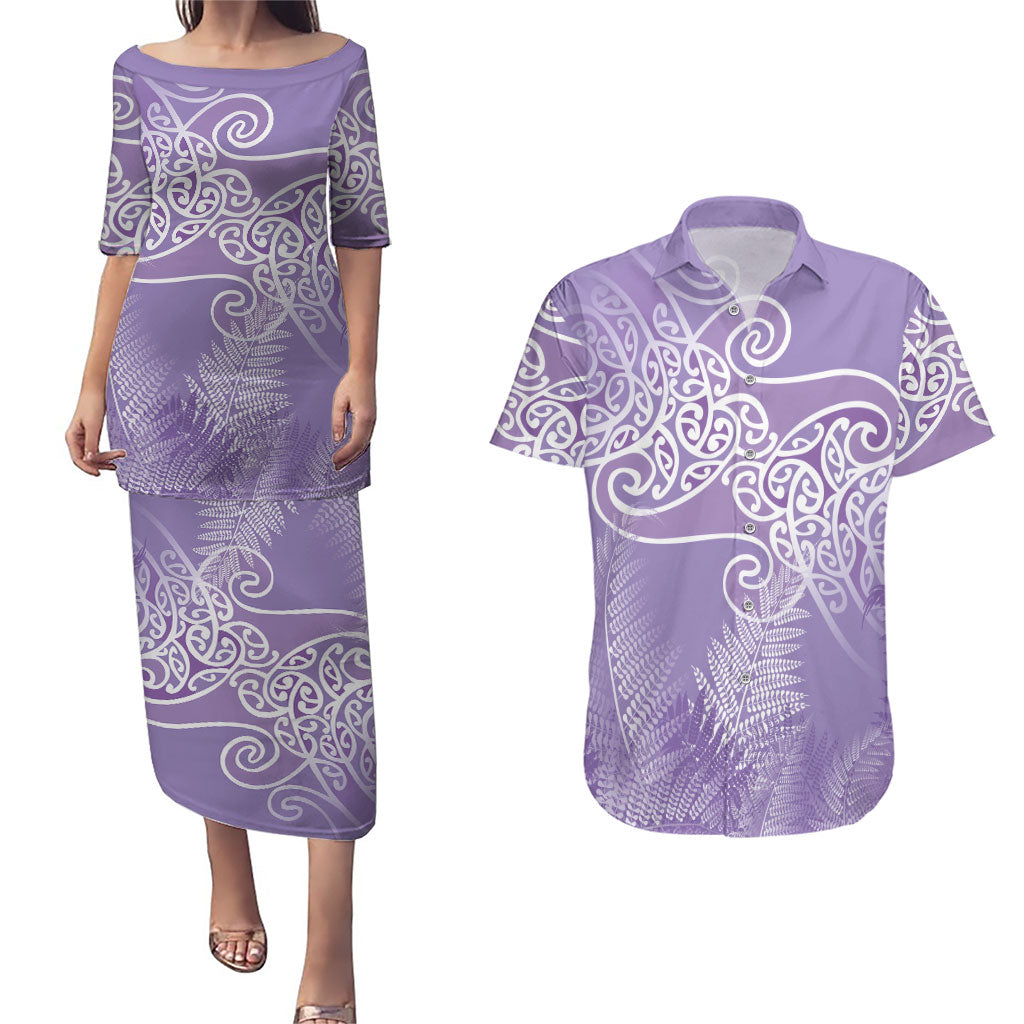 Aotearoa Maori Koru Curves Couples Matching Puletasi and Hawaiian Shirt Silver Ferns - Amethyst