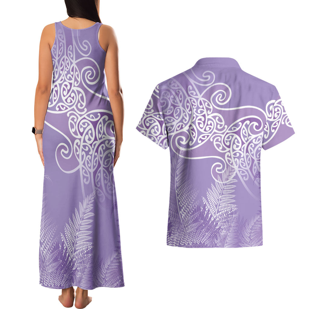 Aotearoa Maori Koru Curves Couples Matching Tank Maxi Dress and Hawaiian Shirt Silver Ferns - Amethyst