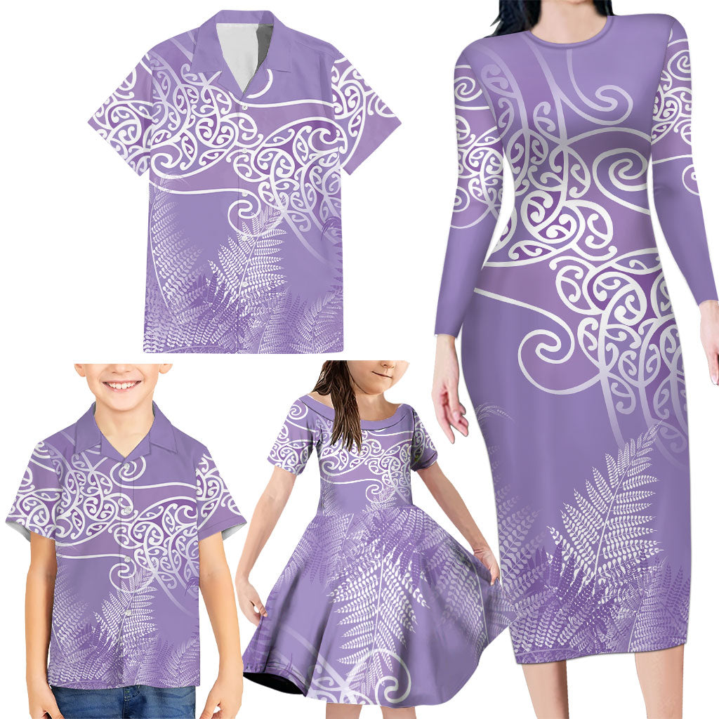 Aotearoa Maori Koru Curves Family Matching Long Sleeve Bodycon Dress and Hawaiian Shirt Silver Ferns - Amethyst