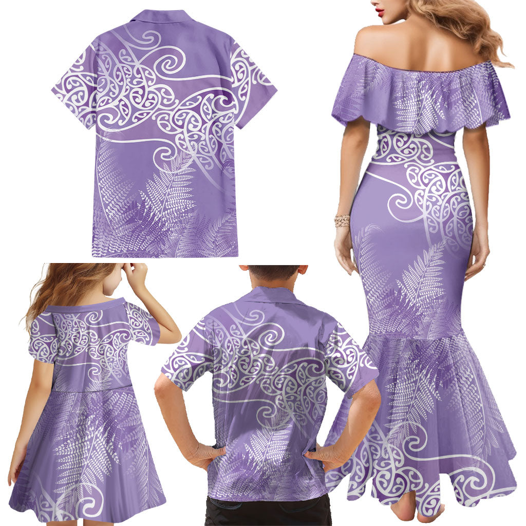 Aotearoa Maori Koru Curves Family Matching Mermaid Dress and Hawaiian Shirt Silver Ferns - Amethyst