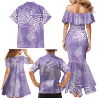 Aotearoa Maori Koru Curves Family Matching Mermaid Dress and Hawaiian Shirt Silver Ferns - Amethyst