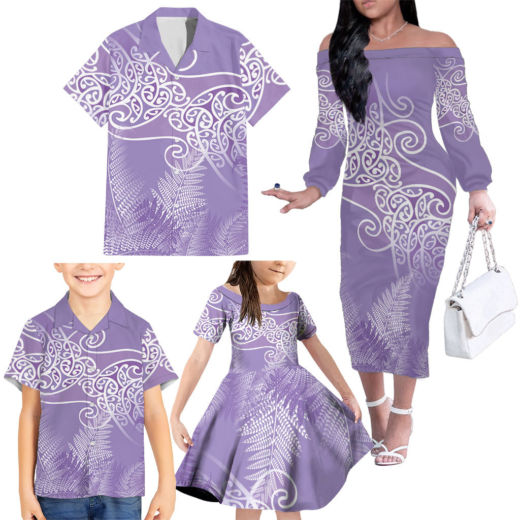 Aotearoa Maori Koru Curves Family Matching Off The Shoulder Long Sleeve Dress and Hawaiian Shirt Silver Ferns - Amethyst
