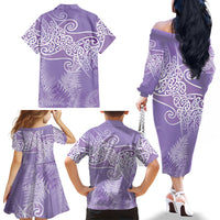 Aotearoa Maori Koru Curves Family Matching Off The Shoulder Long Sleeve Dress and Hawaiian Shirt Silver Ferns - Amethyst