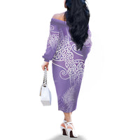 Aotearoa Maori Koru Curves Family Matching Off The Shoulder Long Sleeve Dress and Hawaiian Shirt Silver Ferns - Amethyst