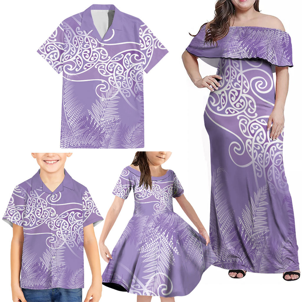Aotearoa Maori Koru Curves Family Matching Off Shoulder Maxi Dress and Hawaiian Shirt Silver Ferns - Amethyst