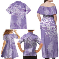Aotearoa Maori Koru Curves Family Matching Off Shoulder Maxi Dress and Hawaiian Shirt Silver Ferns - Amethyst