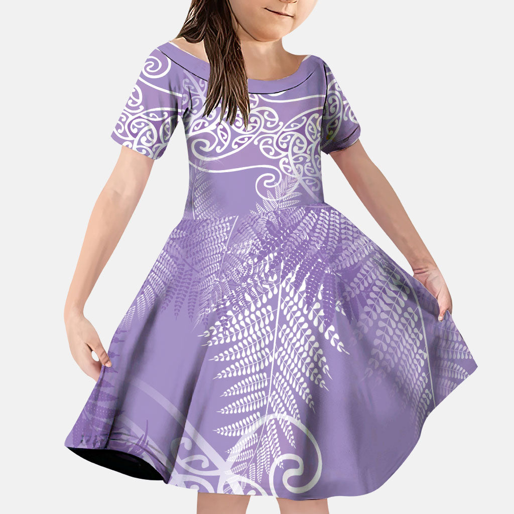 Aotearoa Maori Koru Curves Family Matching Off Shoulder Short Dress and Hawaiian Shirt Silver Ferns - Amethyst