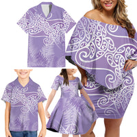 Aotearoa Maori Koru Curves Family Matching Off Shoulder Short Dress and Hawaiian Shirt Silver Ferns - Amethyst