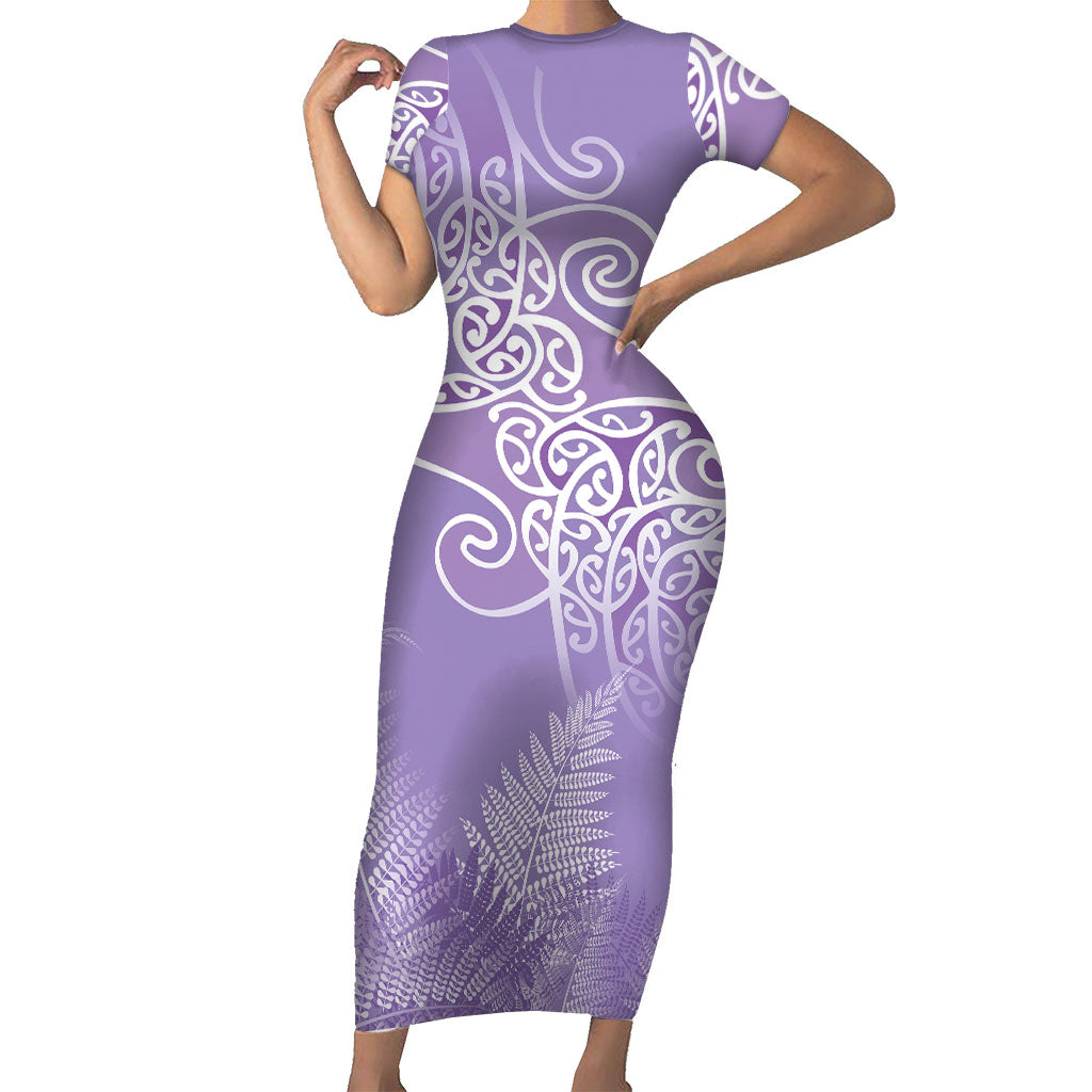 Aotearoa Maori Koru Curves Family Matching Short Sleeve Bodycon Dress and Hawaiian Shirt Silver Ferns - Amethyst