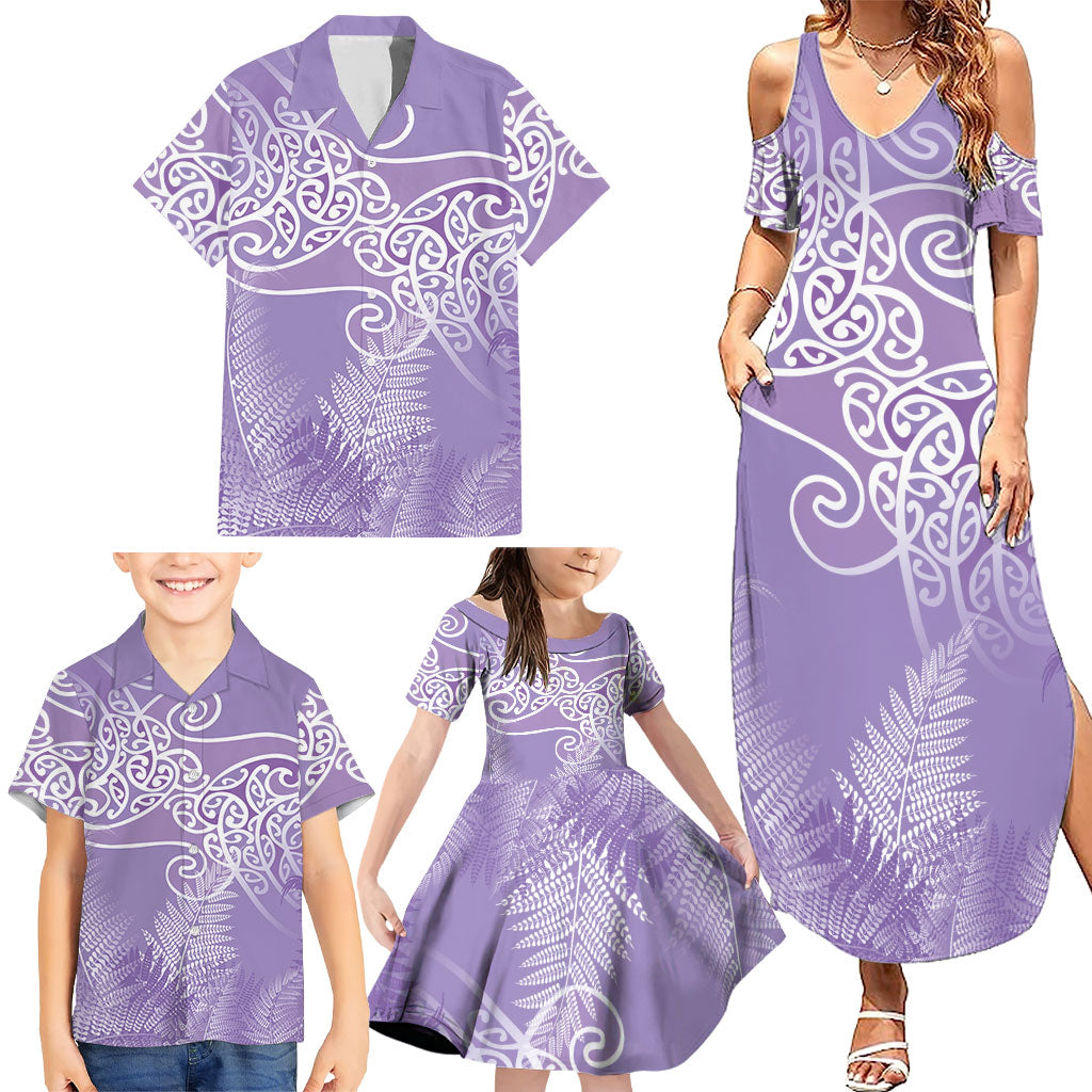 Aotearoa Maori Koru Curves Family Matching Summer Maxi Dress and Hawaiian Shirt Silver Ferns - Amethyst