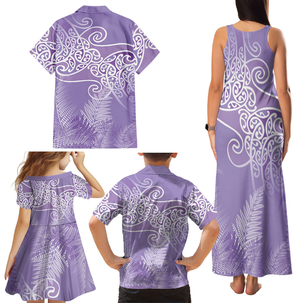 Aotearoa Maori Koru Curves Family Matching Tank Maxi Dress and Hawaiian Shirt Silver Ferns - Amethyst