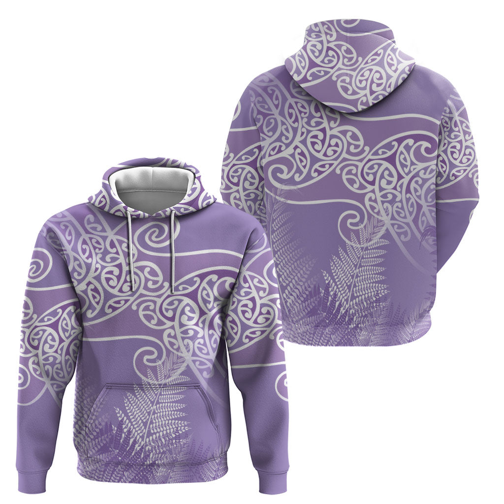 Aotearoa Maori Koru Curves Hoodie Silver Ferns - Amethyst