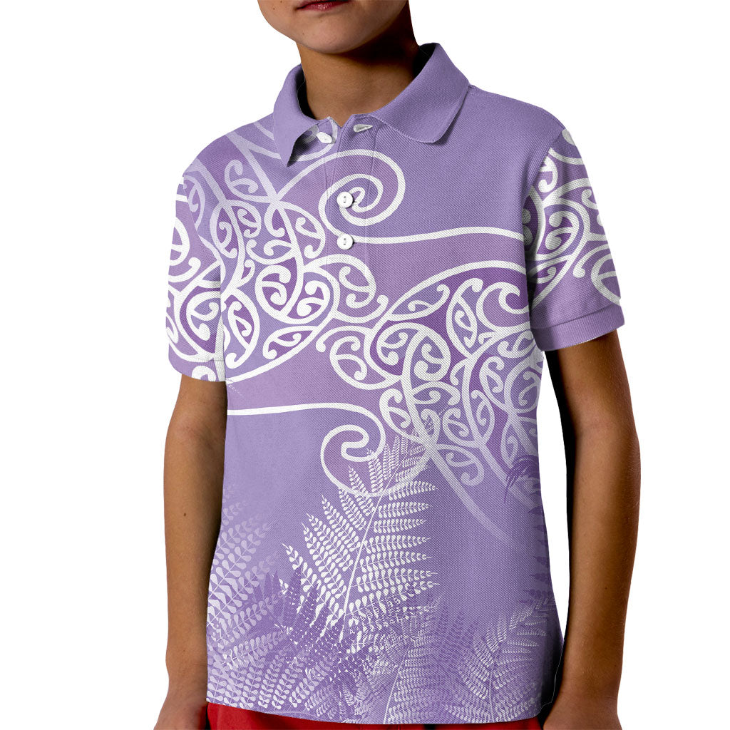 Aotearoa Maori Koru Curves Kid Polo Shirt Silver Ferns - Amethyst