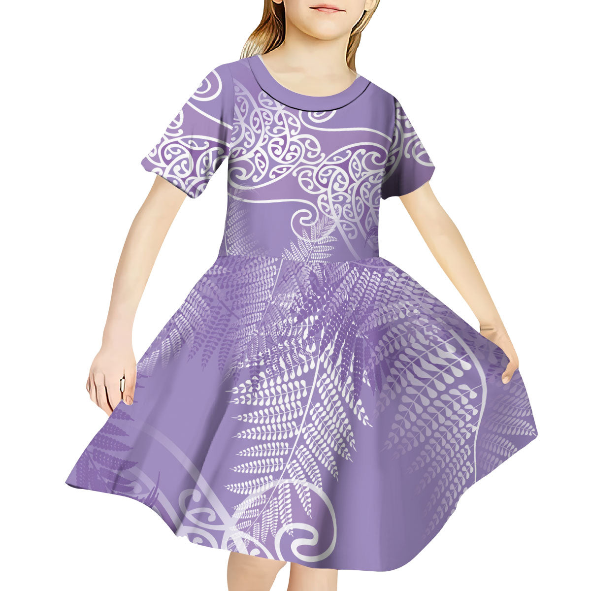 Aotearoa Maori Koru Curves Kid Short Sleeve Dress Silver Ferns - Amethyst