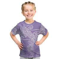Aotearoa Maori Koru Curves Kid T Shirt Silver Ferns - Amethyst