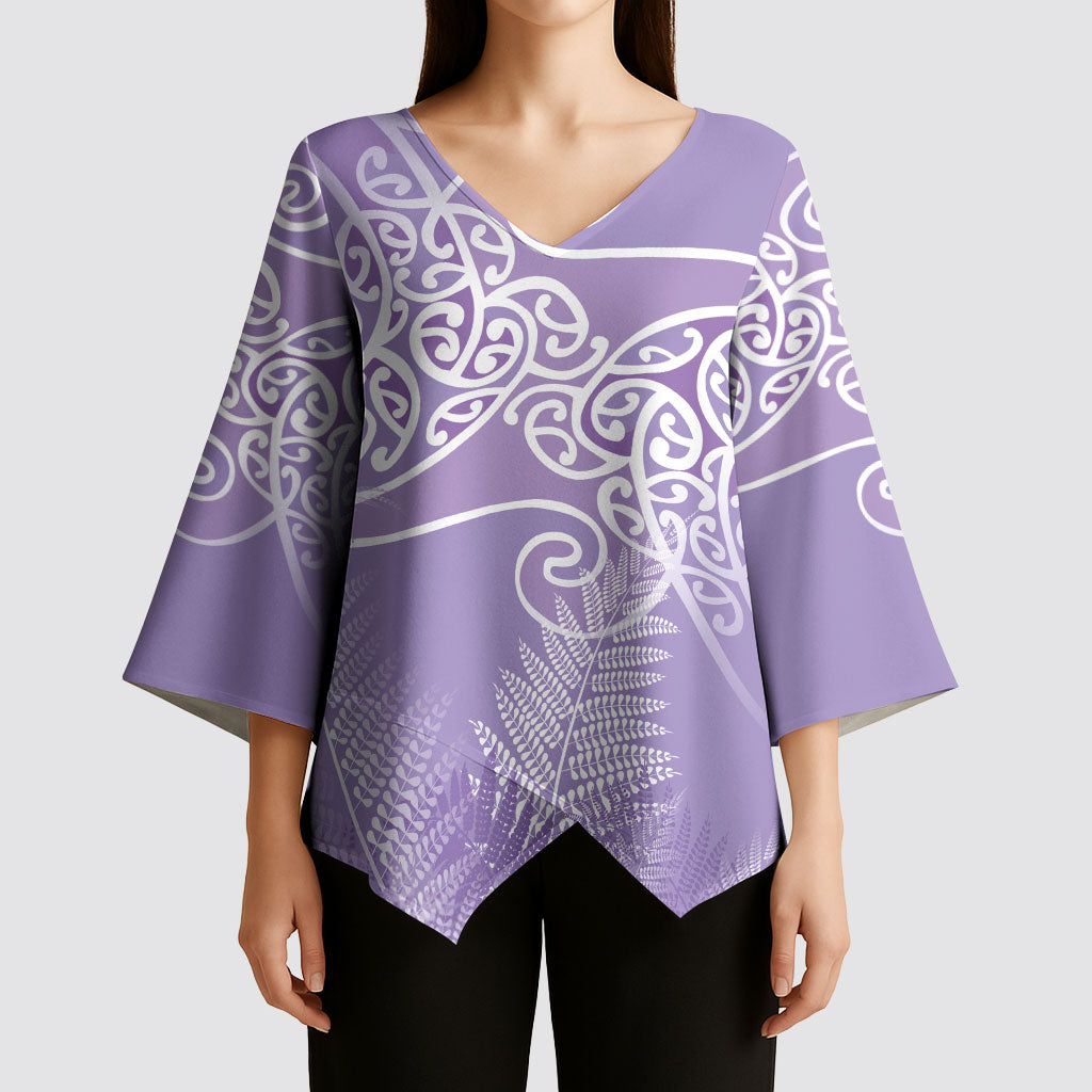 Aotearoa Maori Koru Curves Kimono Sleeve Blouse Silver Ferns - Amethyst