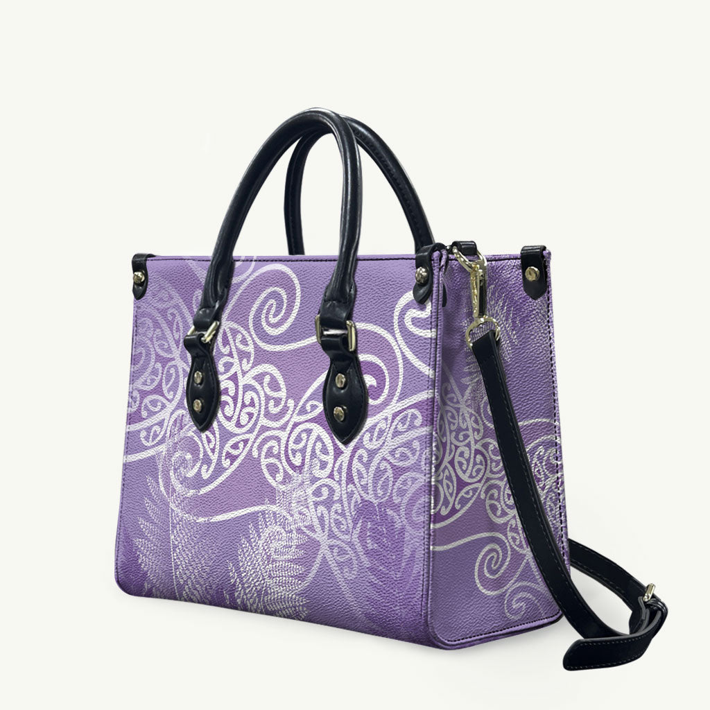 Aotearoa Maori Koru Curves Leather Bag Silver Ferns - Amethyst