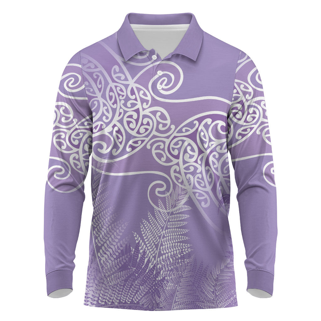 Aotearoa Maori Koru Curves Long Sleeve Polo Shirt Silver Ferns - Amethyst LT7 Purple - Polynesian Pride