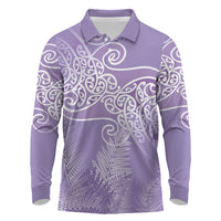 Aotearoa Maori Koru Curves Long Sleeve Polo Shirt Silver Ferns - Amethyst LT7 Purple - Polynesian Pride