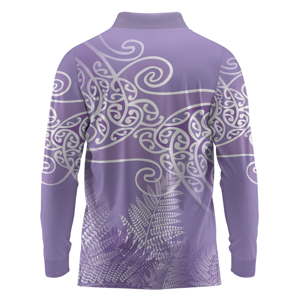 Aotearoa Maori Koru Curves Long Sleeve Polo Shirt Silver Ferns - Amethyst LT7 - Polynesian Pride