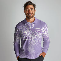 Aotearoa Maori Koru Curves Long Sleeve Polo Shirt Silver Ferns - Amethyst LT7 - Polynesian Pride