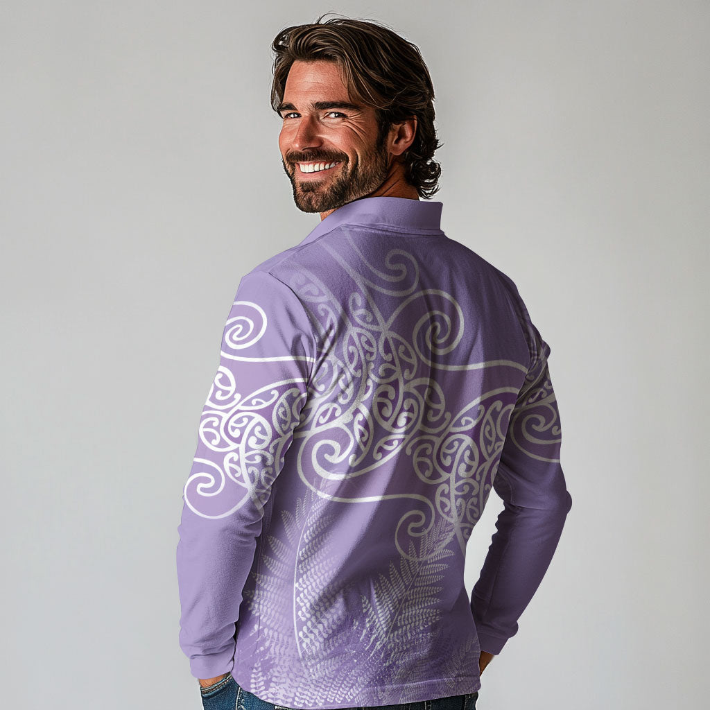 Aotearoa Maori Koru Curves Long Sleeve Polo Shirt Silver Ferns - Amethyst LT7 - Polynesian Pride